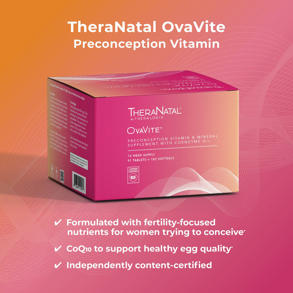 Physician fertility specialist recommended TheraNatal OvaVite vitamins are pre-pregnancy and early prenatal supplements with CoQ10 for women trying to conceive in their mid-30s and beyond.