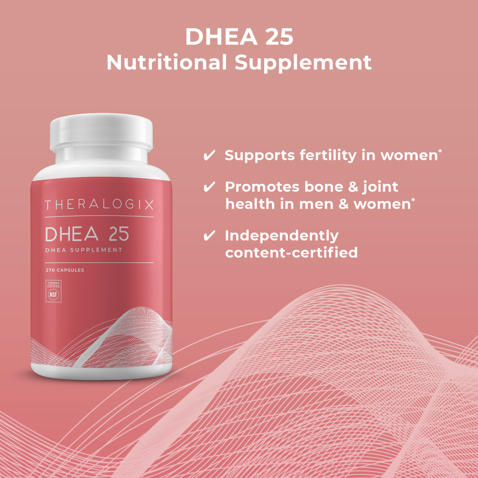 Theralogix DHEA 25 is vegan, gluten free and NSF tested supplement. DHEA supports ovarian health and healthy egg quality for women trying to conceive.