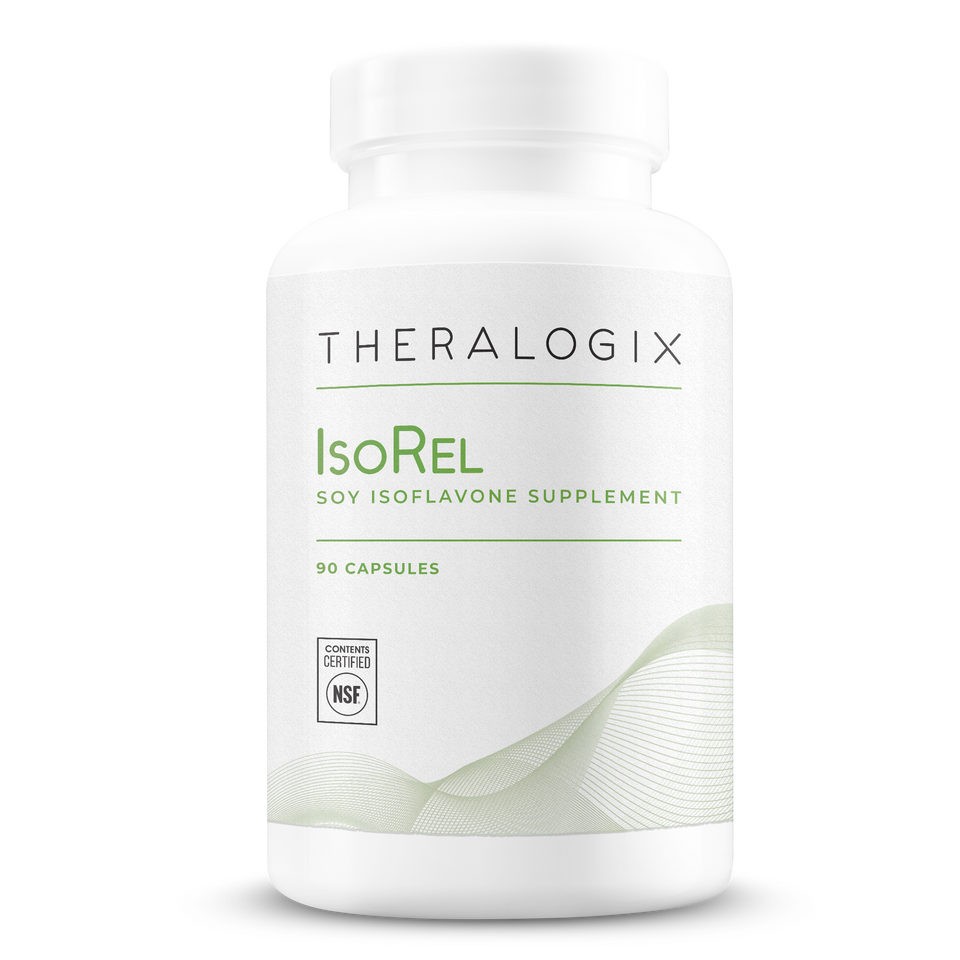 Physician recommended IsoRel Whole Soybean Extract Supplement containins soy isoflavones to reduce menopause hot flashes and promote cardiovascular and prostate health.