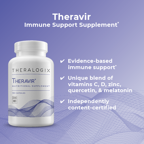 Physician recommended Theravir™ is an immune support supplement that contains vitamin C, vitamin D, zinc, copper, quercetin, and melatonin.